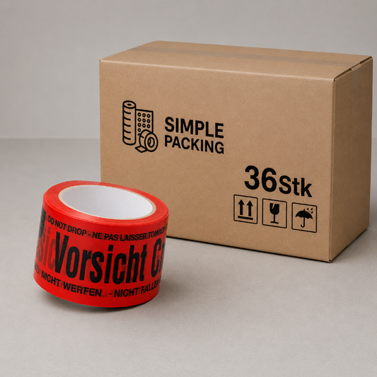 36Stk Klebeband mit Warndruck Vorsicht Glas, leise abrollend 50mm x 66m