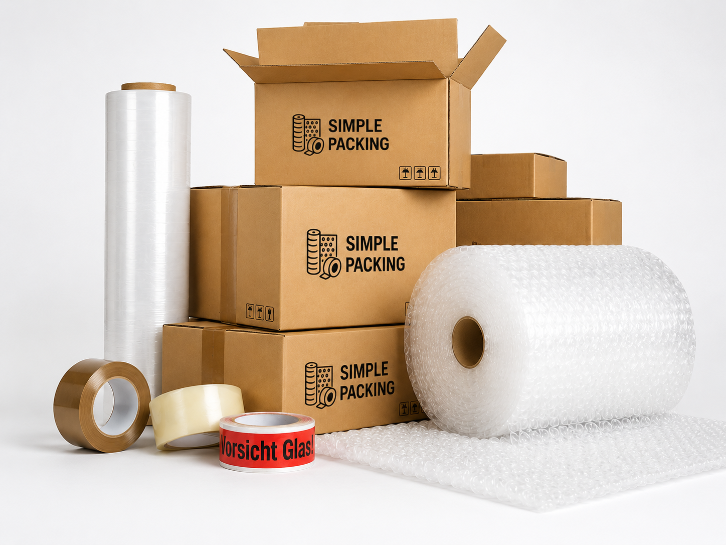 Versandkartons, Klebeband, Luftpolsterfolie und Stretchfolie von SimplePacking