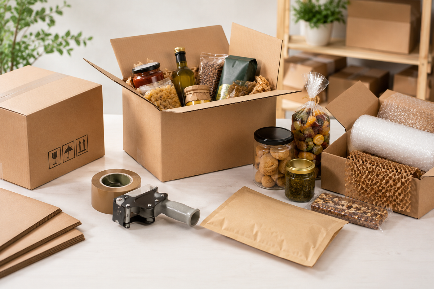 Verpackungsmaterial für Lebensmittelversand mit Kartons Klebeband und Polstermaterial