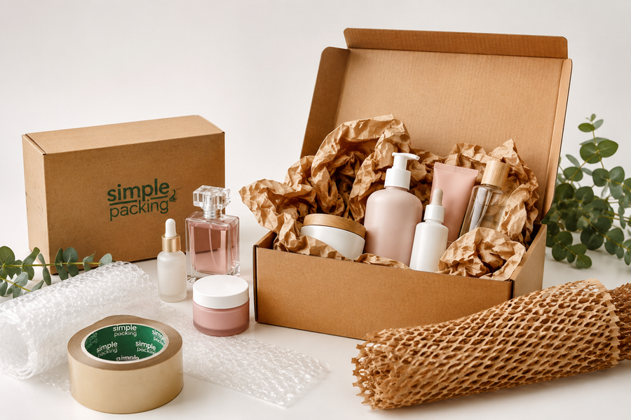Verpackungsmaterial für Kosmetikversand mit Versandkarton, Polstermaterial und Beauty-Produkten