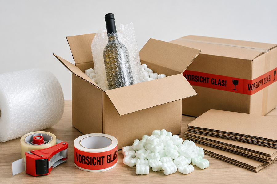 Verpackungsmaterial, Kartons und Klebeband für Versand und Lager