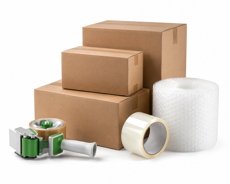 Verpackungsmaterial für Amazon-Händler mit Kartons, Klebeband, Luftpolsterfolie und Stretchfolie