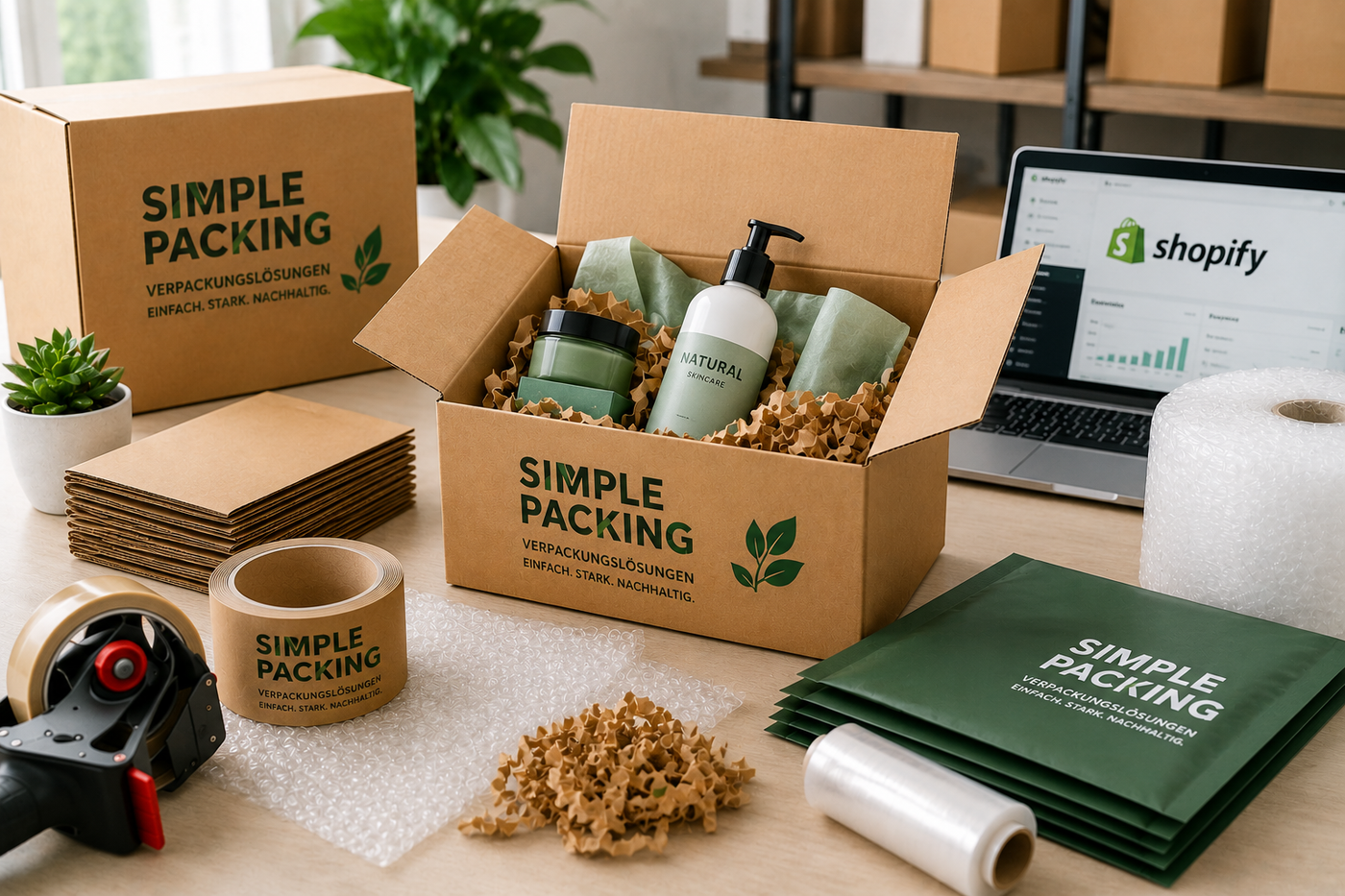 Verpackungsmaterial für Shopify Shops mit Versandkartons Klebeband Luftpolsterfolie und Füllmaterial