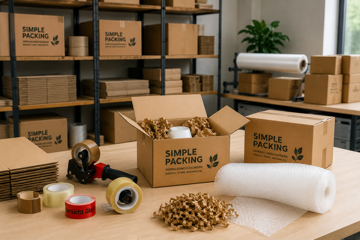 Verpackungslösungen für Shopify Shops mit Kartons Klebeband und Füllmaterial